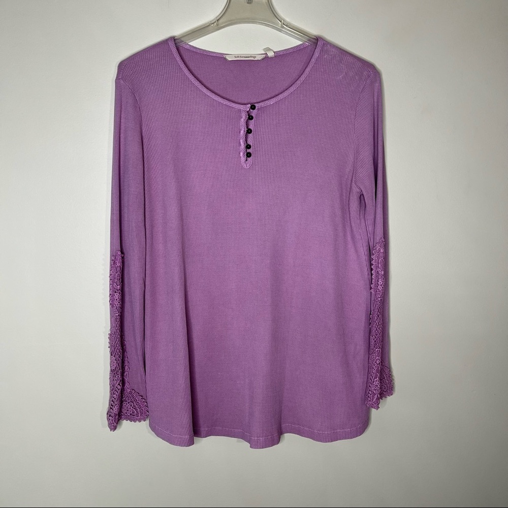 Soft Surroundings Purple Ribbed Top with Crocheted Lace On Sleeves Size M